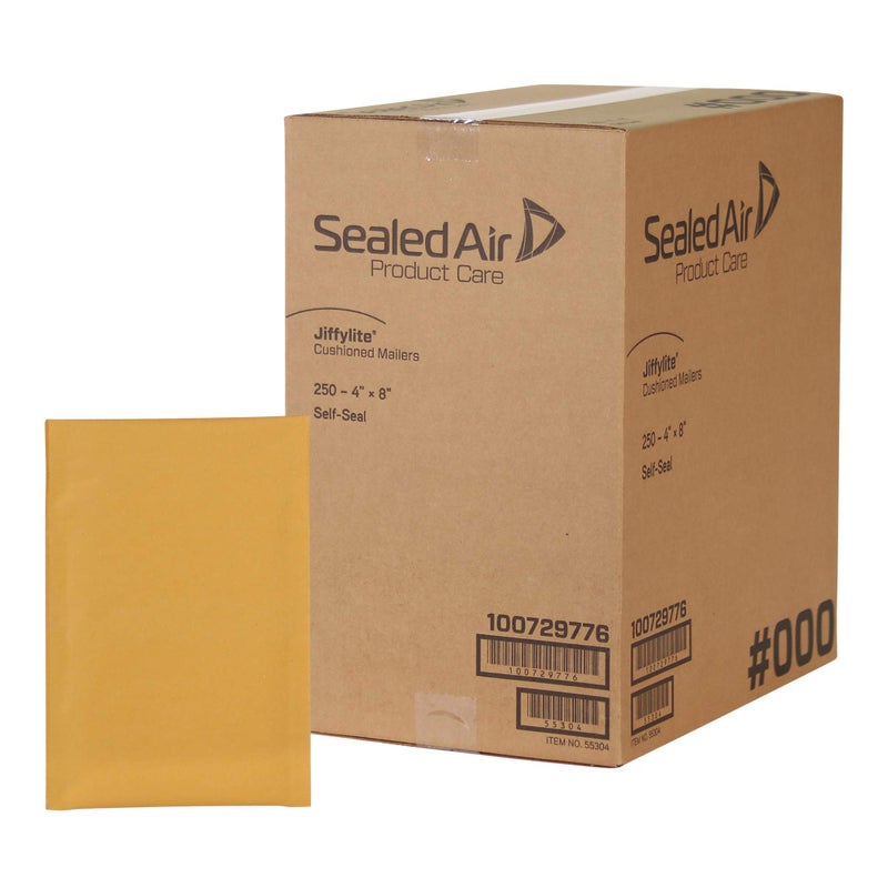 Sealed Air JiffyLite Bubble Cushioned Shipping Mailers, Case of 250, Self Seal Recycled Mailing Envelope made with BubbleWrap, #000 - 4" x 8", Manila - Image 1